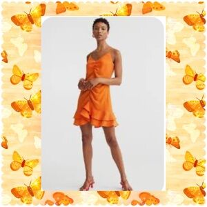 H&M Orange Runched front ruffled tiered mini dress Size XS